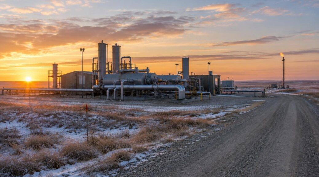 Natural gas compressor station on the prairie at sunrise